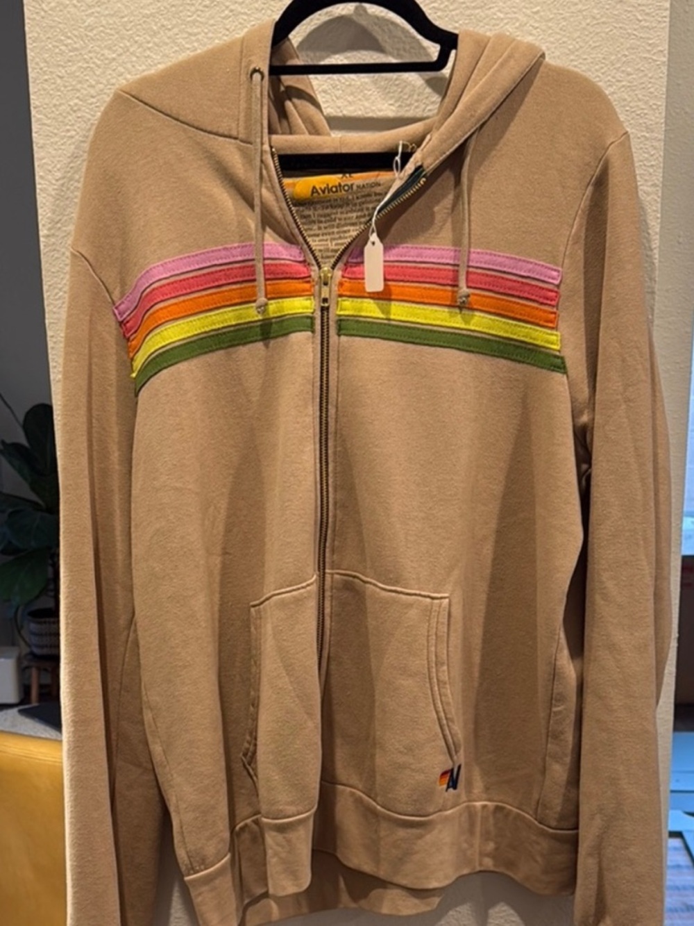 RARE Aviator Nation Tan Zip-Up Hoodie with Pink, Orange, Yellow & Green Stripes